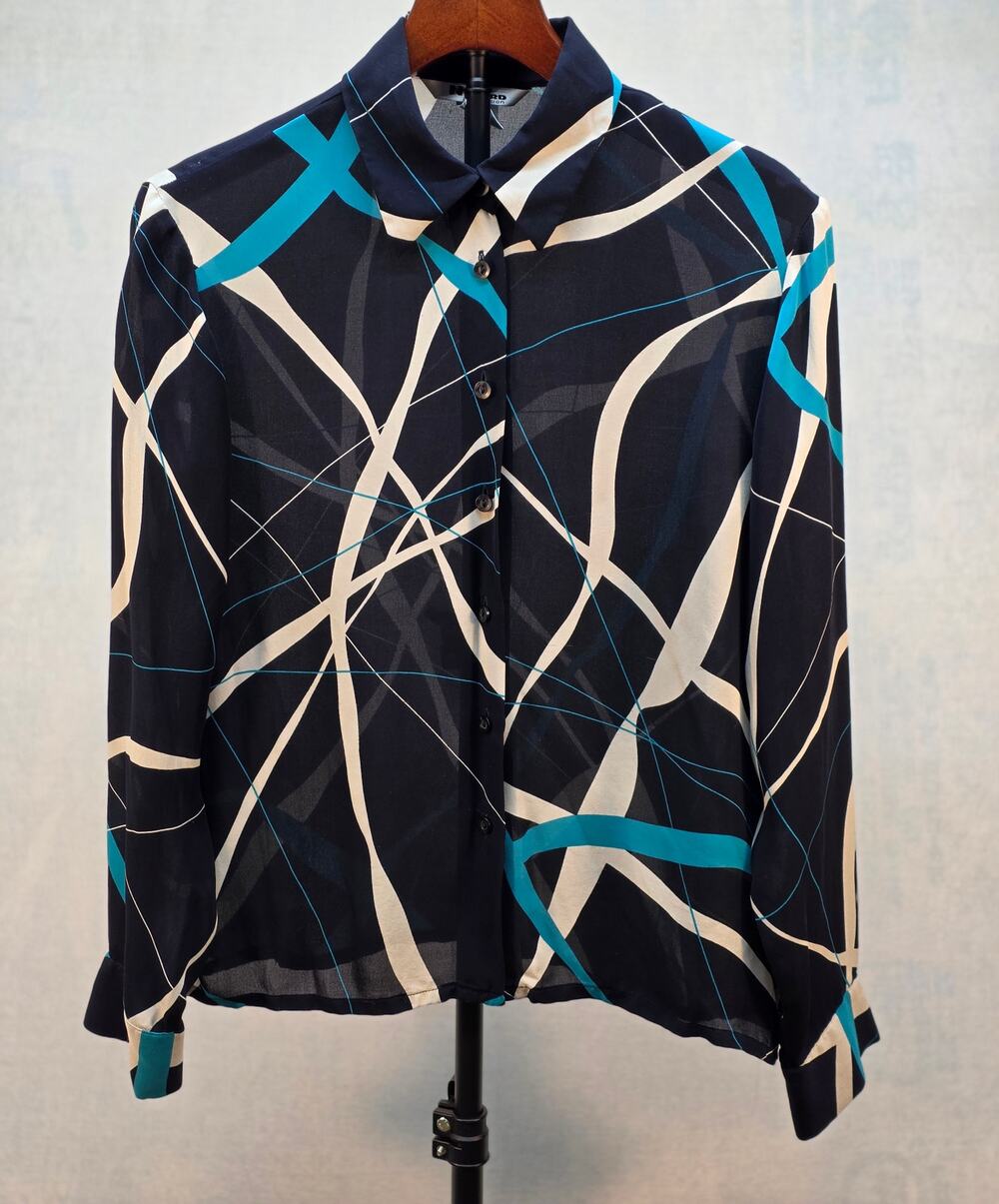 Nygard Collection Abstract Geometric 100% Silk Blouse Navy Teal White Sz8 LS‎